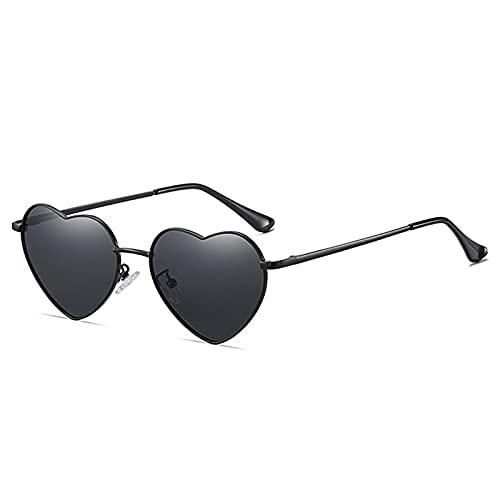 Dollger Heart Polarised Sunglasses Women's Metal Frame Trendy Cute Heart Shape Sunglasses UV400 Protection, Black frame/black lens