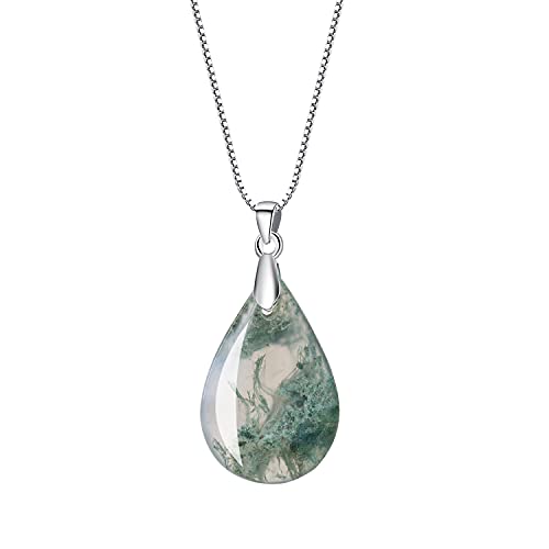 COAI 925 Sterling Silver Chain Teardrop Moss Agate Stone Pendant Necklace for Women