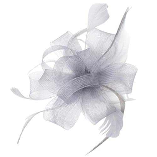 Topkids Accessories Looped Net Fascinator Feather Comb Fascinator Fascinator Hair Slide Fascinators Wedding Hats Royal Ascot Hat On Clear Comb For Women, Ladies, Girls (Silver Grey)