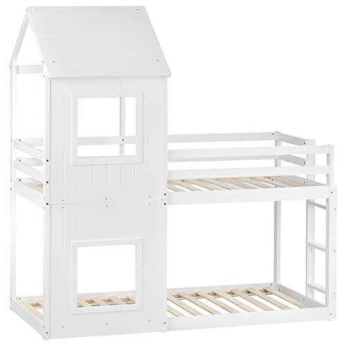 3FT Treehouse Bunk bed, Cabin Bed Frame, Mid-Sleeper with Treehouse Canopy & Ladder (White)
