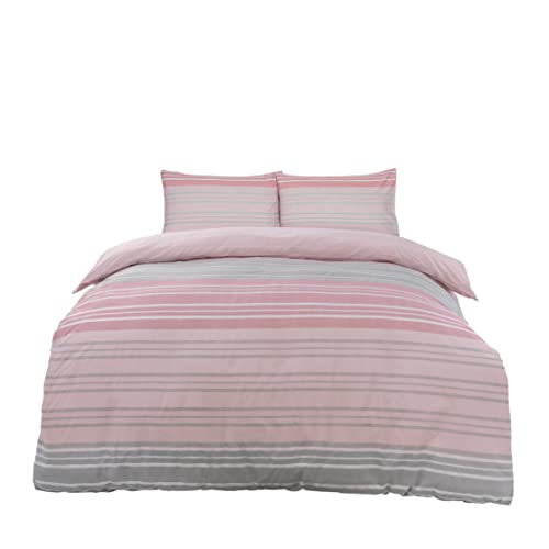 Sleepdown Textured Stripe Blush Pink Grey Reversible Duvet Cover & Pillowcase Set Bedding Quilt Case Single Double King Super King (Double)