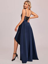 Load image into Gallery viewer, Ever-Pretty Women&#39;s V Neck Elegant A Line Hi-Low Empire Waist Satin Skirt Long Evening Gowns Dresses with Sequin Navy Blue 18UK
