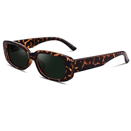 GQUEEN Rectangle Sunglasses for Women Polarized Square Retro Vintage 90s Trendy Fashion UV400 Tortoise G15 Green