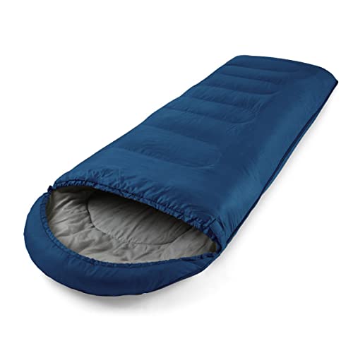 Cross Country Hooded Rectangular Sleeping Bag for Adults & Kids, Warm & Lightweight, 2 Season, for Camping, Hiking, Festivals, 210x75cm 150GSM, Full Length Zipper & Drawstring, Blue & Grey