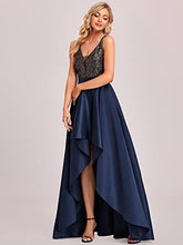 Load image into Gallery viewer, Ever-Pretty Women&#39;s V Neck Elegant A Line Hi-Low Empire Waist Satin Skirt Long Evening Gowns Dresses with Sequin Navy Blue 18UK
