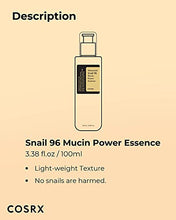 Load image into Gallery viewer, COSRX Advanced Snail Mucin 96% Skin Repair Serum | 100ml | Lightweight Facial Moisturiser with Snail Mucus | Daily Use for All Skin Types | Korean Skin Care, Animal Testing Free, Paraben Free, Alcohol Free
