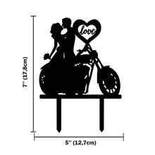Load image into Gallery viewer, CARISPIBET Wedding Cake Topper Motorcycle Groom and Bride Kiss Heart with love script Marriage Cake Acrylic Silhouette Decoration
