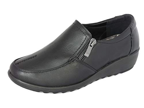 Cushion Walk Wide Fitting EEE Shoes Women's Ladies Lightweight Black Faux Leather Slip-on Flat Zip Shoes, Flats, Casual Work Office Comfort Shoes (5 UK, Black)