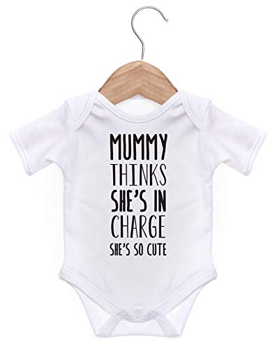 Mummy Thinks She's in Charge Short Sleeve Bodysuit/Baby Grow for Baby Boy Or Girl (White, 0-3m)