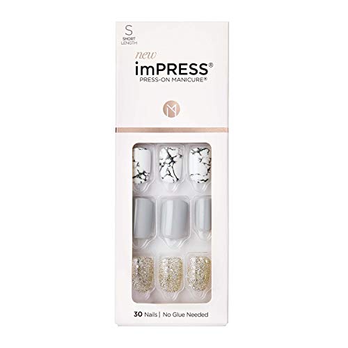 KISS imPRESS Press-On Manicure, Nail Kit, PureFit Technology, Short Press-On Nails, Square, Knock Out, Includes Prep Pad, Mini File, Cuticle Stick, and 30 Pre-Glued Fake Nails