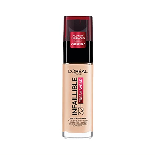 L'Oreal Paris Infallible 32H Fresh Wear Foundation 20 Ivory, Longwear, Weightless Feel, Transfer-Proof and Waterproof, Full Coverage Base with Vitamin C, SPF 25