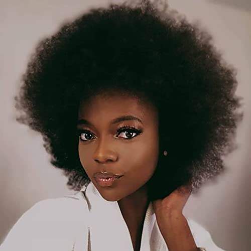 Becus Short Afro Wigs For Black Women Brazilian Human Hair Kinky Curly Wig Afro Puff Wigs For Black Women Natural Black (8 Inches Fluffy Tight Curls)