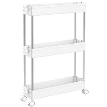 Load image into Gallery viewer, SPACEKEEPER Storage Trolley 3-Tier Slim Storage Cart Slide Out Rolling Utility Cart Mobile Shelving Unit Trolley Organizer Cart for Kitchen Bathroom Laundry Office, Plastic &amp; Stainless Steel, White
