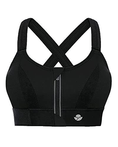 YIANNA Women High Impact Sports Bra Plus Size Zip Front Fastening Bras Padded Adjustable Strap Wireless Running Yoga Top Black, 151 L