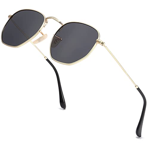 Polarized Sunglasses for Women Men Vintage Trendy Metal Frame Square Sunglasses UV400 Protection Gold Frame/Black Lens