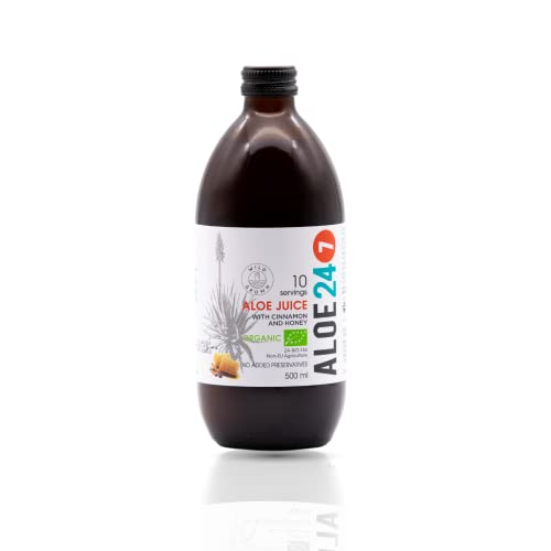 Aloe 24/7 Organic Aloe Vera Juice | Made with Wild Grown Aloe Ferox Leaf Extract | Cinamon-Honey | 100% Natural Preservative Synthetic Additives Free in GLASS BOTTLE | For Healthy Indigestion | 500 ml