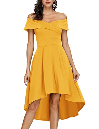 JASAMBAC Off The Shoulder Dress for Women Cocktail Party Wedding Guest Dresses Yellow L