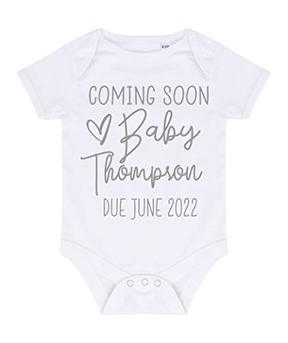 Personalised Pregnancy Baby Announcement Coming Soon Baby Surname and Due Date [BBY3] Baby Grow Vest, 0-3 Months, White