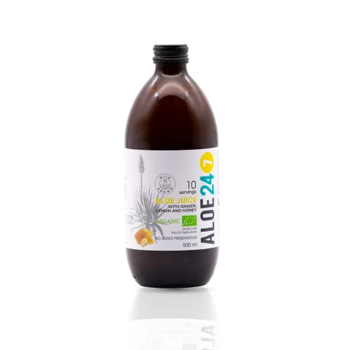 Aloe 24/7 Organic Aloe Vera Juice | Made with Wild Grown Aloe Ferox Leaf Extract | Ginger-Lemon-Honey | 100% Natural Synthetic Additives Free in GLASS BOTTLE | For Healthy Indigestion | 500 ml