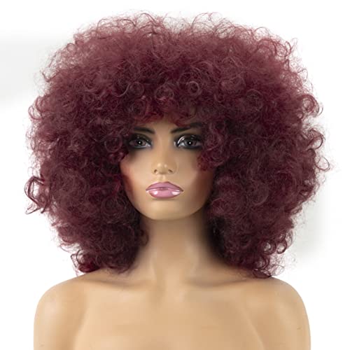 ZeniRuec Loose Curly Wigs for Black Women Afro Curly Wig for Women Fluffy Curly with Bangs Big Bouncy Bob Daily Party Synthetic wigs Wine red