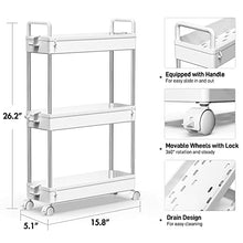 Load image into Gallery viewer, SOLEJAZZ 3-Tier Storage Trolley Cart Slide-out Slim Rolling Utility Cart Mobile Storage Shelving Organizer for Kitchen, Bathroom, Laundry Room, Bedroom, Narrow Places, Plastic,White
