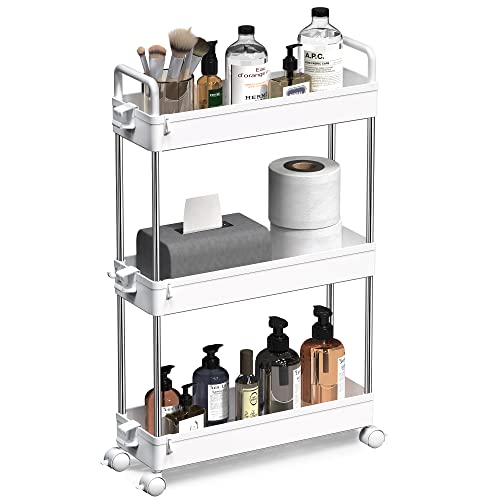 SOLEJAZZ 3-Tier Storage Trolley Cart Slide-out Slim Rolling Utility Cart Mobile Storage Shelving Organizer for Kitchen, Bathroom, Laundry Room, Bedroom, Narrow Places, Plastic,White