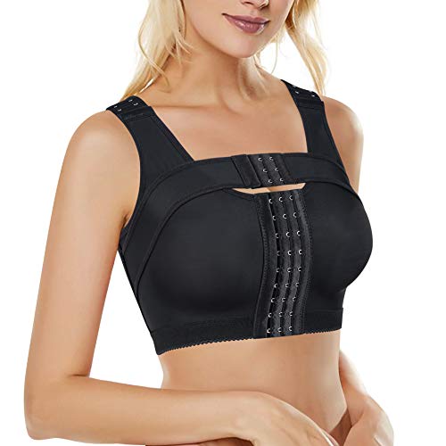 Bafully Women Post Surgery Front Closure Sports Bra with Breast Support Wirefree Racerback (Black, 3XL)