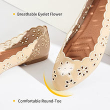 Load image into Gallery viewer, Women's Ballet Flats Black PU Leather Dress Shoes Comfortable Round Toe Slip on Flats with Floral Eyelets, Apricot, 5 UK
