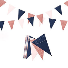 Load image into Gallery viewer, Navy Blue Pink Rose Gold Paper Pennant Banner,2 Pack Glitter Sprinkles Glitter Triangle Flags, Birthday Graduation Gender Reveal Wedding Baby Shower Party Decoration Bunting Lasting Surprise
