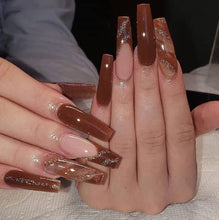 Load image into Gallery viewer, Brishow Coffin False Nails Long Fake Nails Brown Glitter Press on Nails Ballerina Acrylic Stick on Nails 24pcs for Women and Girls
