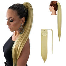 Load image into Gallery viewer, Ponytail Hairpiece 28 Inch Wrap Around Ponytail Hair Extension Straight Synthetic Clip in Pony Tail Extension Magic Paste Bleach Blonde Ponytail Hairpiece for Women, 160g - Bleach Blonde, 613C
