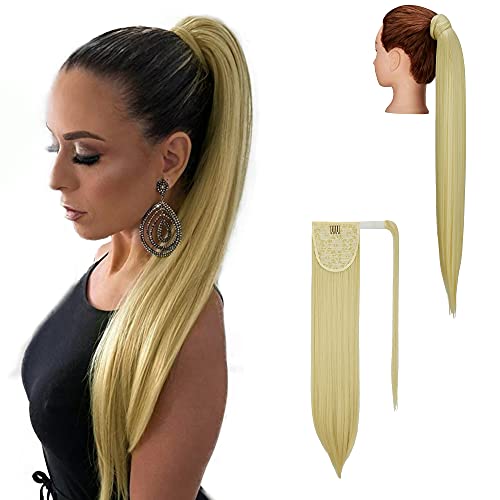 Ponytail Hairpiece 28 Inch Wrap Around Ponytail Hair Extension Straight Synthetic Clip in Pony Tail Extension Magic Paste Bleach Blonde Ponytail Hairpiece for Women, 160g - Bleach Blonde, 613C
