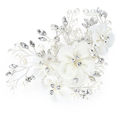 HONEY BEAR Bridal Jewellery Flower Hair Combs Clip for Womens Wedding Accessories,Simulated Pearl and Rhinestones (Silver)