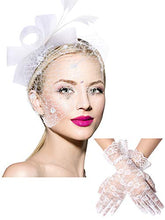 Load image into Gallery viewer, Bowknot Fascinator Hat Feathers Veil Mesh Headband and Short Lace Gloves Floral Lace Gloves (White)
