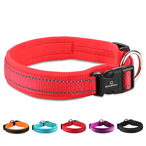 MASBRILL Reflective Dog Collar, Adjustable Nylon Dog Collar with Soft Neoprene Padded, Breathable Pet Collar for Puppy Small Medium Large Dogs, Red, M