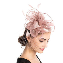 Load image into Gallery viewer, Fascinator Hat Feather Mesh Net Veil Party Hat Flower Derby Hat with Clip and Hairband for Women, Mittel, A2-Floral Mesh Pink
