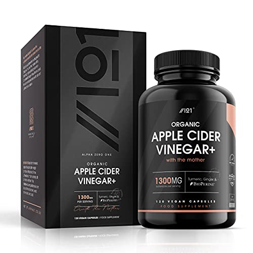Organic Apple Cider Vinegar 1300mg - with Turmeric, Ginger & Cayenne Pepper - Raw Unfiltered with The Mother , Keto Diet, 120 Vegan Capsules