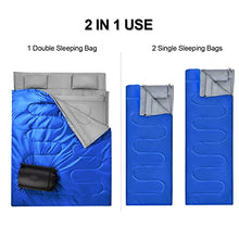 Load image into Gallery viewer, Maxmass Double Sleeping Bag, 4 Seasons Lightweight Camping Bag with 2 Pillows and Carrying Bag, Converts into 2 Singles, Waterproof Outdoor Sleeping Bags for Traveling, Backpacking and Hiking (Blue)

