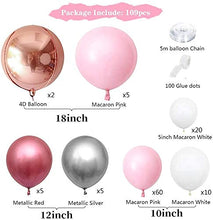 Load image into Gallery viewer, Pink Balloon Garland Arch Kit, 109Pcs Pink White Rose Gold Balloons, Rose Gold 4D Balloons, Metallic Silver Red Balloons Arch for Girl Baby Shower, Wedding, Birthday Decorations
