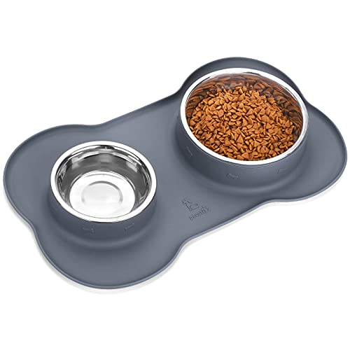 pecute Dog Bowls Non Slip, Stainless Steel Double Bowls Set with Non-Spill Silicone Mats Tray for Medium Large Dogs Water & Food Feeding Dishes(26 + 56 Ounce, Grey)