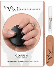 Load image into Gallery viewer, By Vixi 100 Pieces SHORT COFFIN/BALLERINA NAIL SET with FREE GLUE &amp; PREP FILE, 10 Sizes – Clear Express Full Cover False Fingernail Extensions for Salon Professionals &amp; Home Use
