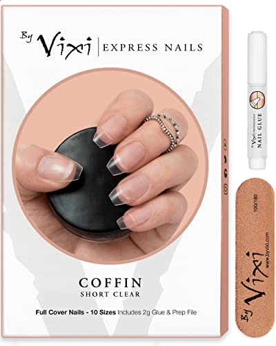 By Vixi 100 Pieces SHORT COFFIN/BALLERINA NAIL SET with FREE GLUE & PREP FILE, 10 Sizes – Clear Express Full Cover False Fingernail Extensions for Salon Professionals & Home Use