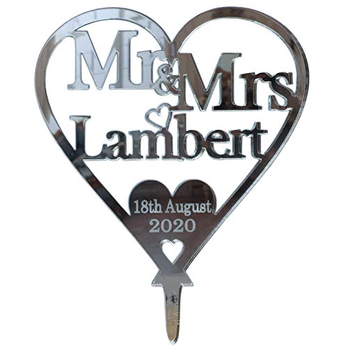 Personalised Mr & Mrs Wedding Heart Cake Topper Decorations 25th Anniversary Keepsake - Title Surname Date Decor (12.5cm) Silver Mirror Acrylic
