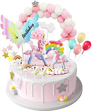 Load image into Gallery viewer, iZoeL Unicorn Cake Topper, Birthday Cake Decoration, 1 Pink Hairball Arch 1 Rainbow 1Happy Birthday Banner 2 Clouds 4 Balloons 10 Stars 3 Little Unicorns For Girl Kid Women Birthday Party
