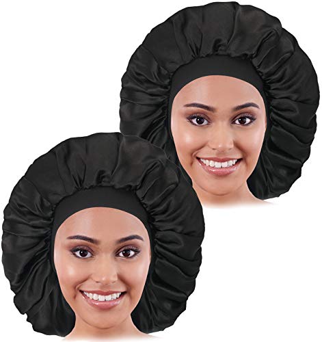 2PCS Large Satin Bonnet, Raibaubl Silk Bonnet With Elastic Soft Band, Big sleep cap For Women Hair Care, Jumbo Bonnet For Braids Natural Long Hair, Curly Hair (Black+Black)
