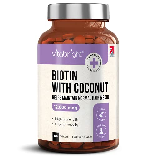 Biotin Hair Growth Supplement 12,000mcg - 365 High Strength Biotin Tablets for Hair - 1 Year Supply - Vegan Friendly Biotin Coconut Oil Supplement - for Normal Skin & Hair Growth in Men & Women