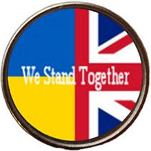 Load image into Gallery viewer, Ukraine We Stand Together Union Jack Silver Colour Badge With A Velveteen Bag
