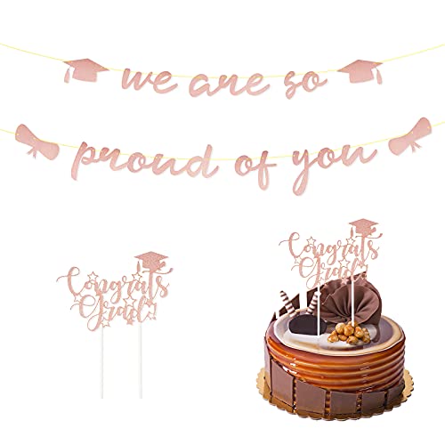 We are So Proud of You Glitter Banner Graduation Garland with Congrats Grad Topper Graduation Cap for Congratulation Party Decorations Graduation Ceremonies Supply (Rose Gold)