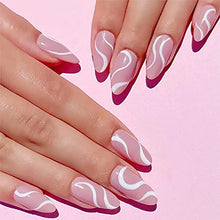 Load image into Gallery viewer, SJOAUET Coffin False Nails with Glue Stickers, Pink nude Medium Fake Nails, 24PCS Short Ballerina Acrylic Press On nails, White line Stick On Nail for Women and Girls No Glue Included
