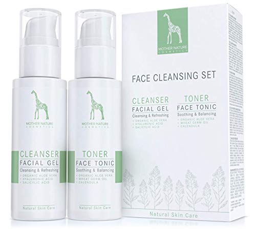 Face Wash Set with PURE, ORGANIC Aloe Vera & Hyaluronic Acid - VEGAN - 125 ml Face Cleanser Gel & 125 ml Face Toner for Normal, Combination & Blemish-Prone Skin - Natural Facial Care for Men & Women